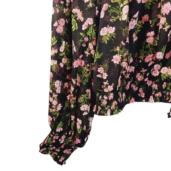 Olivaceous Medium Top, Floral, Ruffled, Smocked, Cottage Core, Boho, Blk/Grn/Pnk - Picture 5 of 15